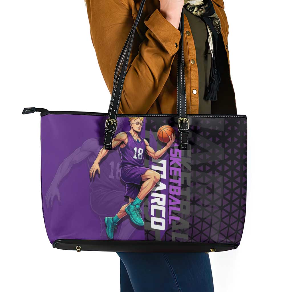 Marco One Piece Basketball Theme Purple and Black Design Leather Tote Bag with Phoenix Emblem and Action Pose - The Mazicc