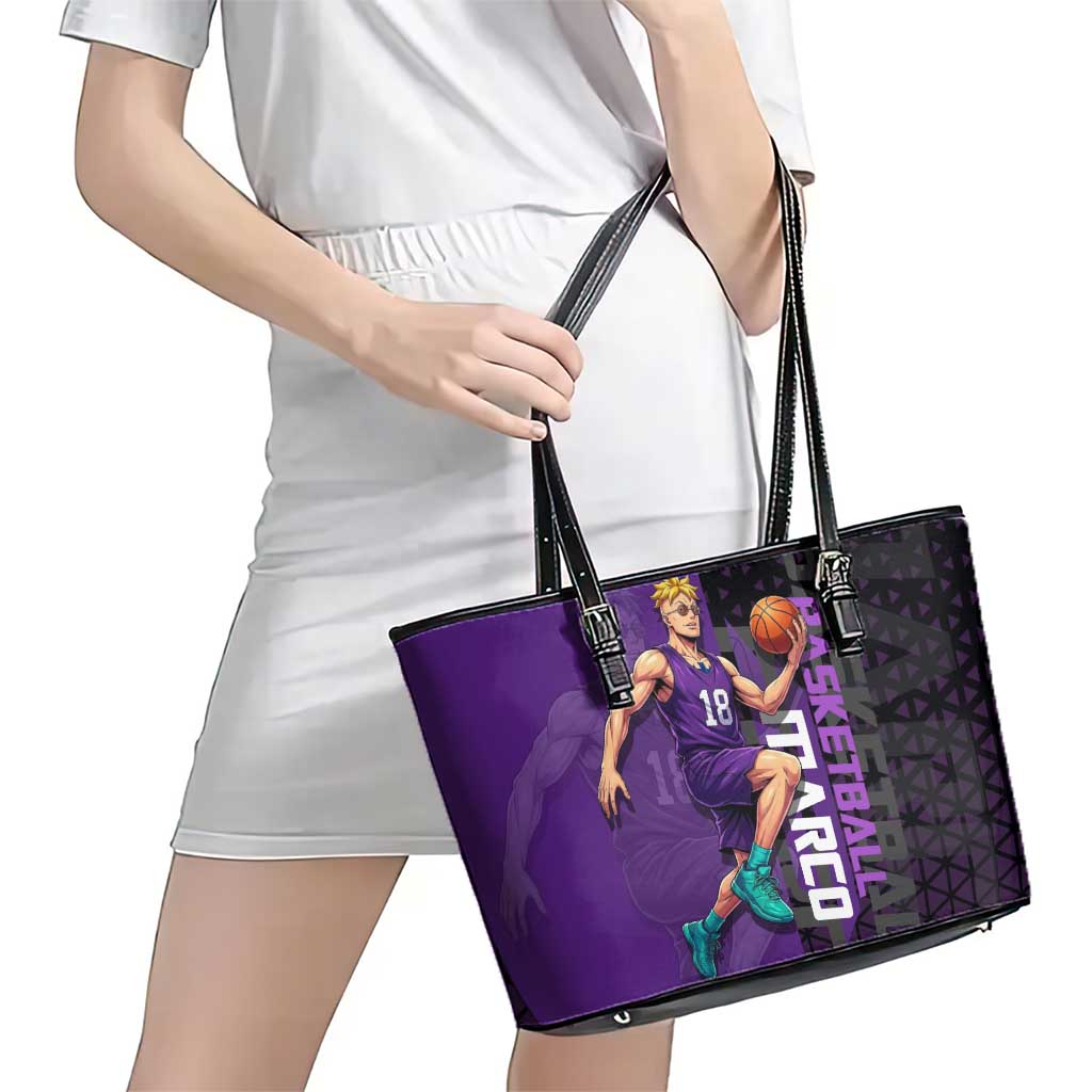 Marco One Piece Basketball Theme Purple and Black Design Leather Tote Bag with Phoenix Emblem and Action Pose - The Mazicc