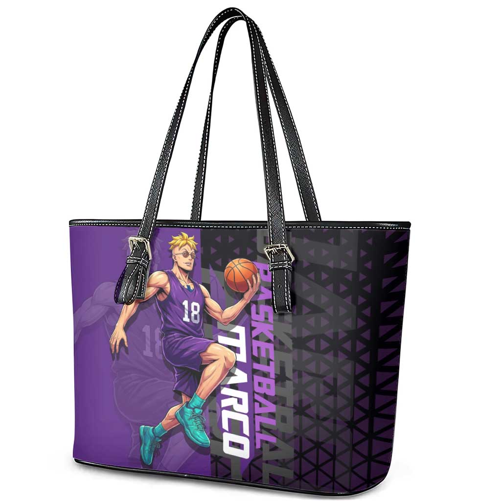 Marco One Piece Basketball Theme Purple and Black Design Leather Tote Bag with Phoenix Emblem and Action Pose - The Mazicc