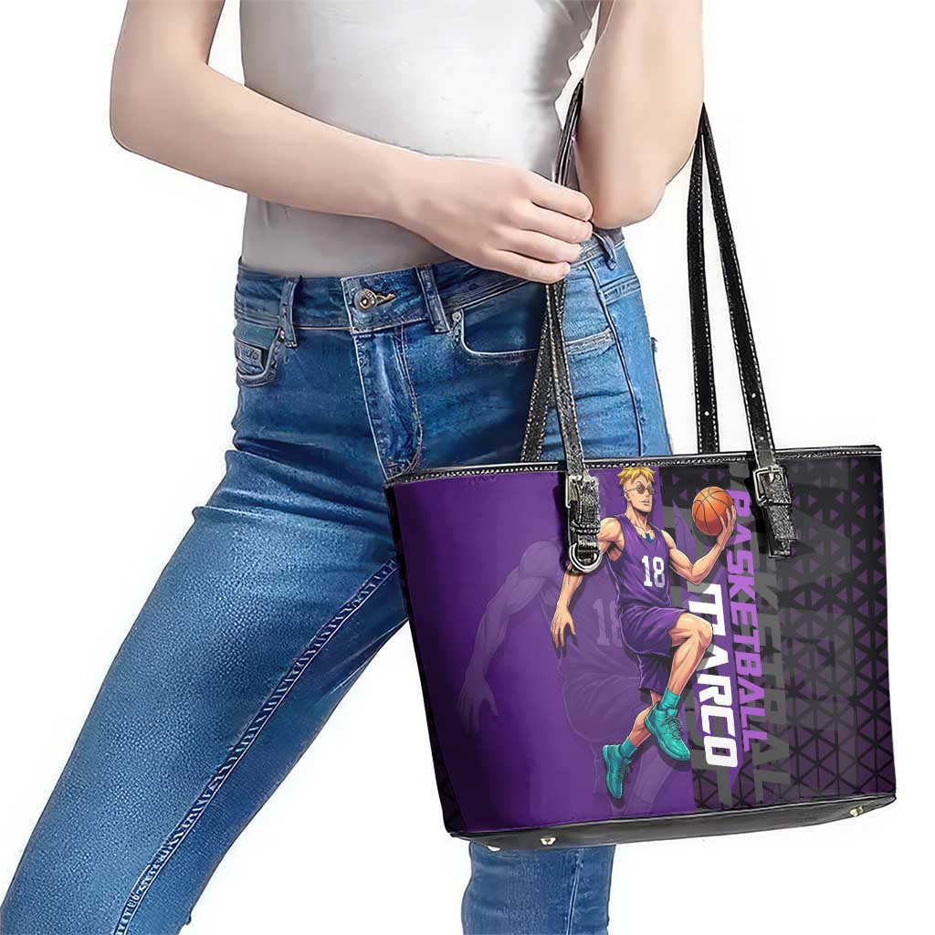 Marco One Piece Basketball Theme Purple and Black Design Leather Tote Bag with Phoenix Emblem and Action Pose - The Mazicc