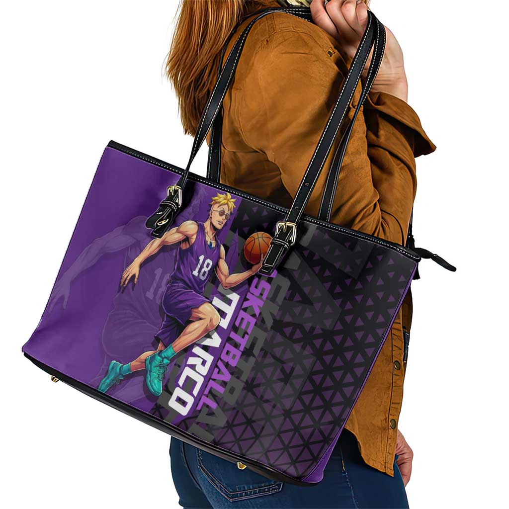Marco One Piece Basketball Theme Purple and Black Design Leather Tote Bag with Phoenix Emblem and Action Pose - The Mazicc