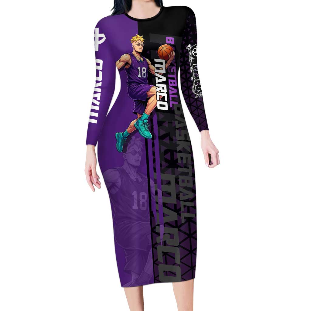 Marco One Piece Basketball Theme Purple and Black Design Long Sleeve Bodycon Dress with Phoenix Emblem and Action Pose - The Mazicc