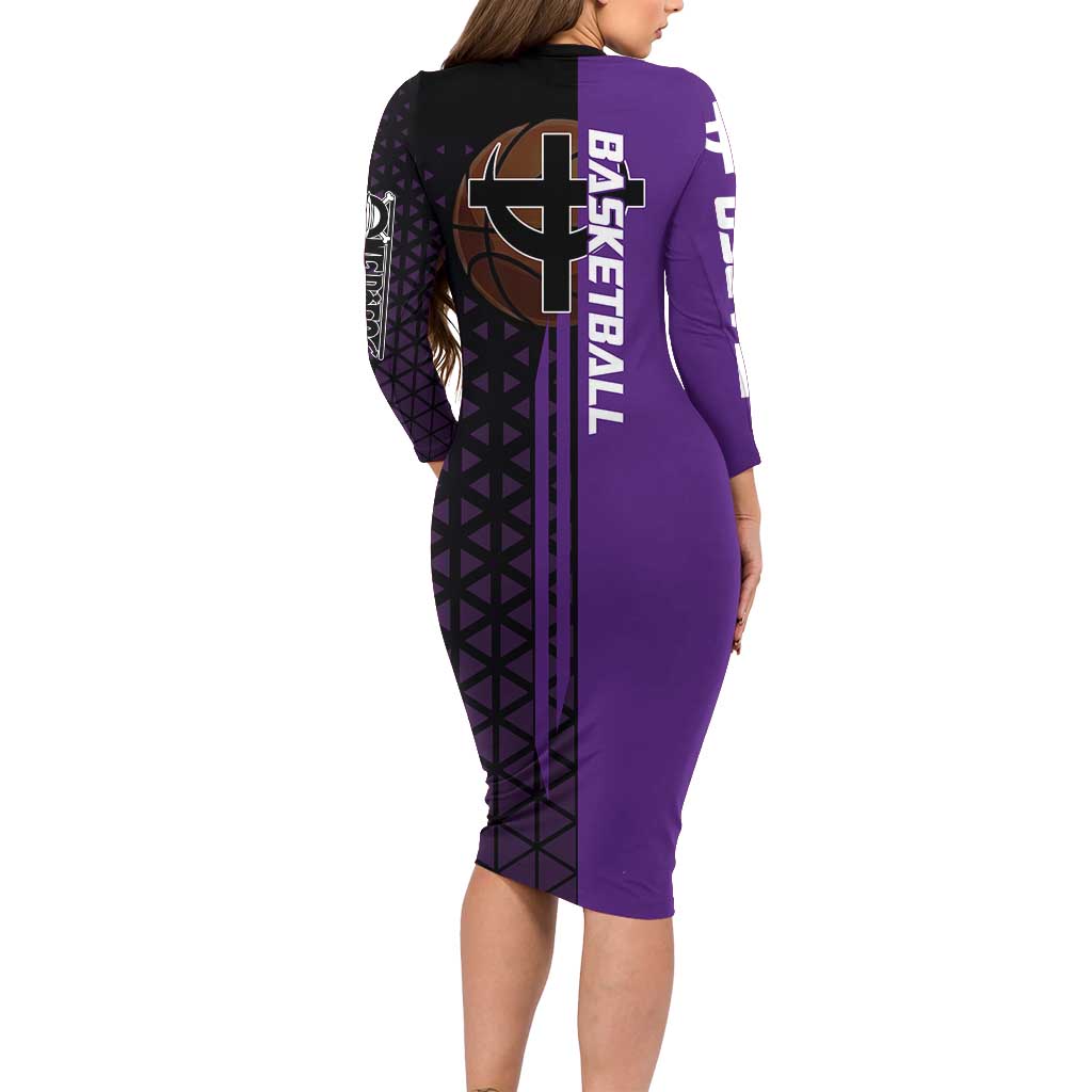 Marco One Piece Basketball Theme Purple and Black Design Long Sleeve Bodycon Dress with Phoenix Emblem and Action Pose - The Mazicc