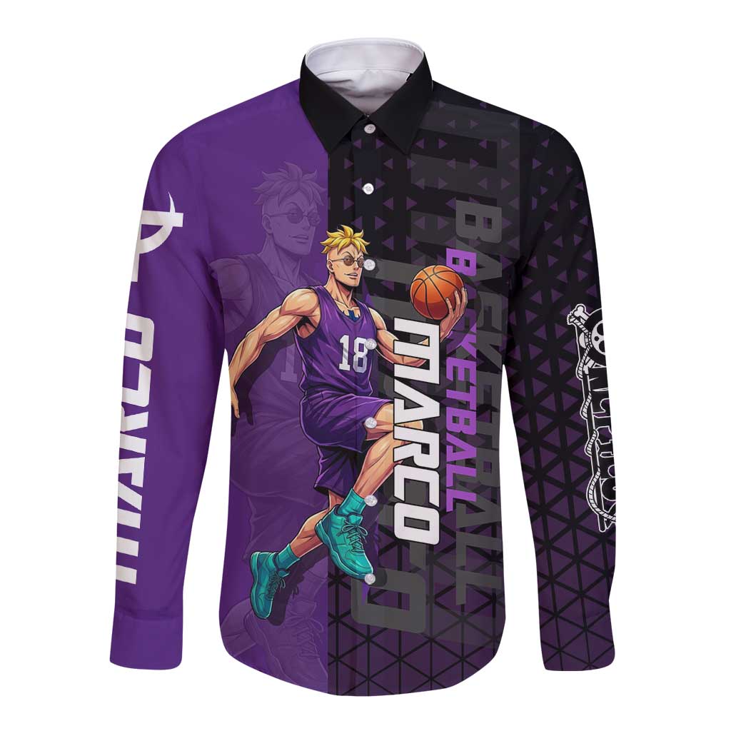 Marco One Piece Basketball Theme Purple and Black Design Long Sleeve Button Shirt with Phoenix Emblem and Action Pose - The Mazicc
