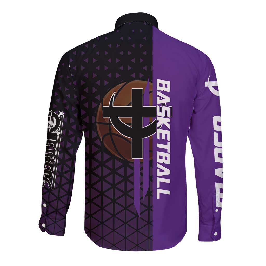 Marco One Piece Basketball Theme Purple and Black Design Long Sleeve Button Shirt with Phoenix Emblem and Action Pose - The Mazicc