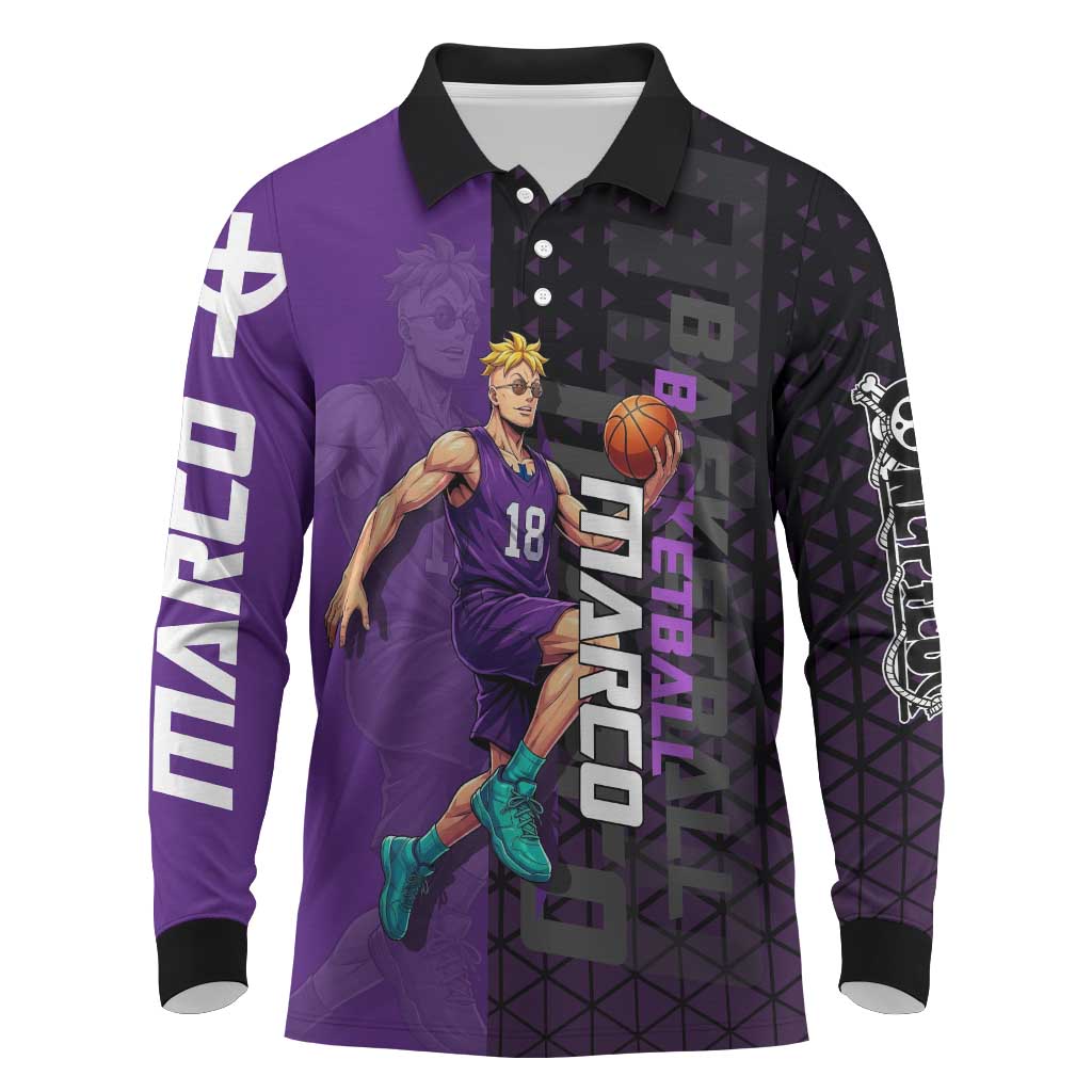 Marco One Piece Basketball Theme Purple and Black Design Long Sleeve Polo Shirt with Phoenix Emblem and Action Pose - The Mazicc
