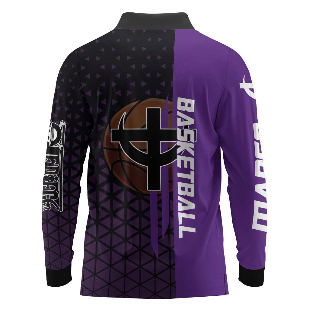 Marco One Piece Basketball Theme Purple and Black Design Long Sleeve Polo Shirt with Phoenix Emblem and Action Pose - The Mazicc