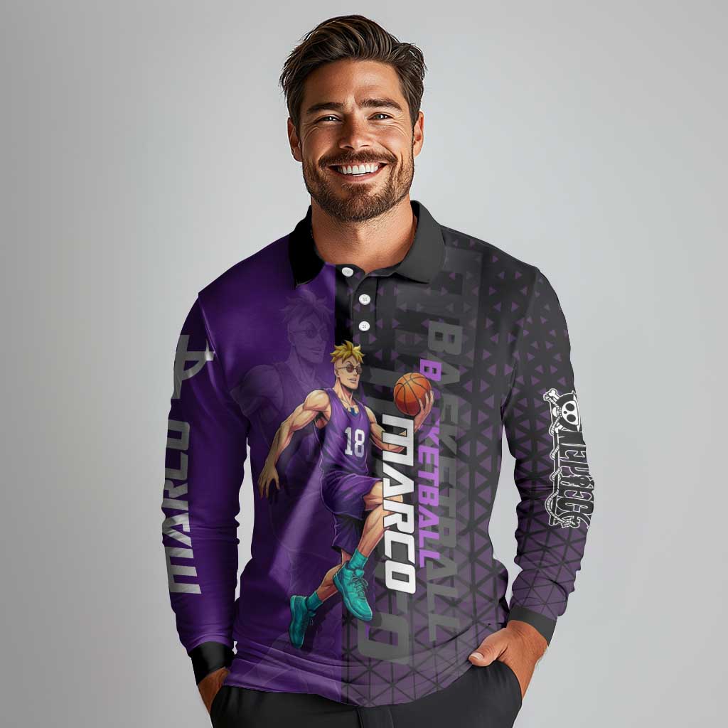 Marco One Piece Basketball Theme Purple and Black Design Long Sleeve Polo Shirt with Phoenix Emblem and Action Pose - The Mazicc