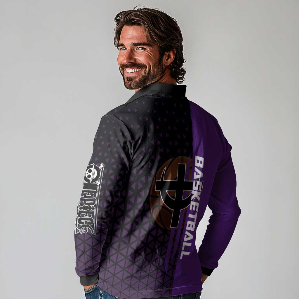 Marco One Piece Basketball Theme Purple and Black Design Long Sleeve Polo Shirt with Phoenix Emblem and Action Pose - The Mazicc