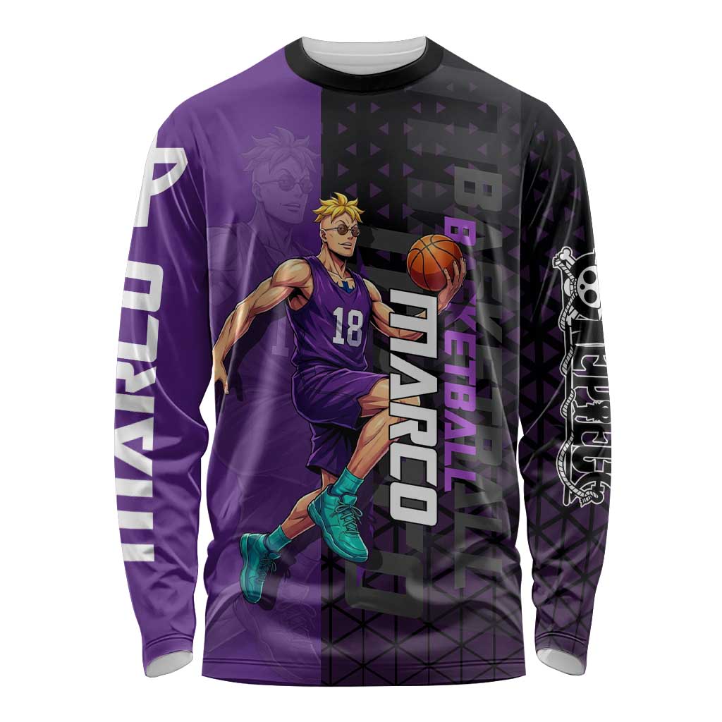 Marco One Piece Basketball Theme Purple and Black Design Long Sleeve Shirt with Phoenix Emblem and Action Pose - The Mazicc
