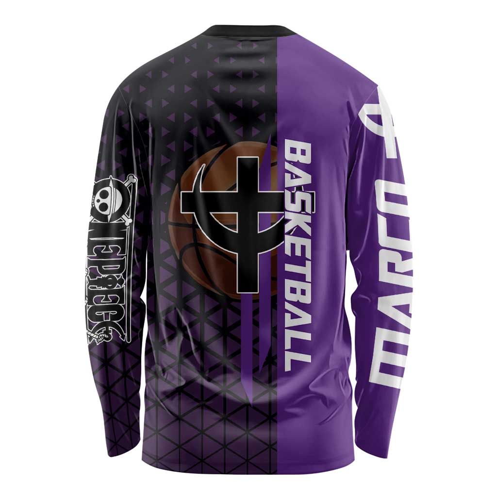 Marco One Piece Basketball Theme Purple and Black Design Long Sleeve Shirt with Phoenix Emblem and Action Pose - The Mazicc