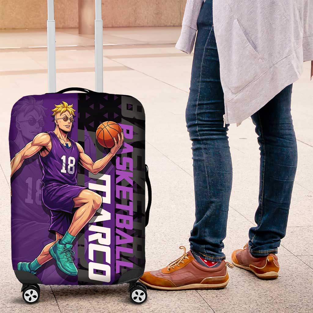 Marco One Piece Basketball Theme Purple and Black Design Luggage Cover with Phoenix Emblem and Action Pose - The Mazicc