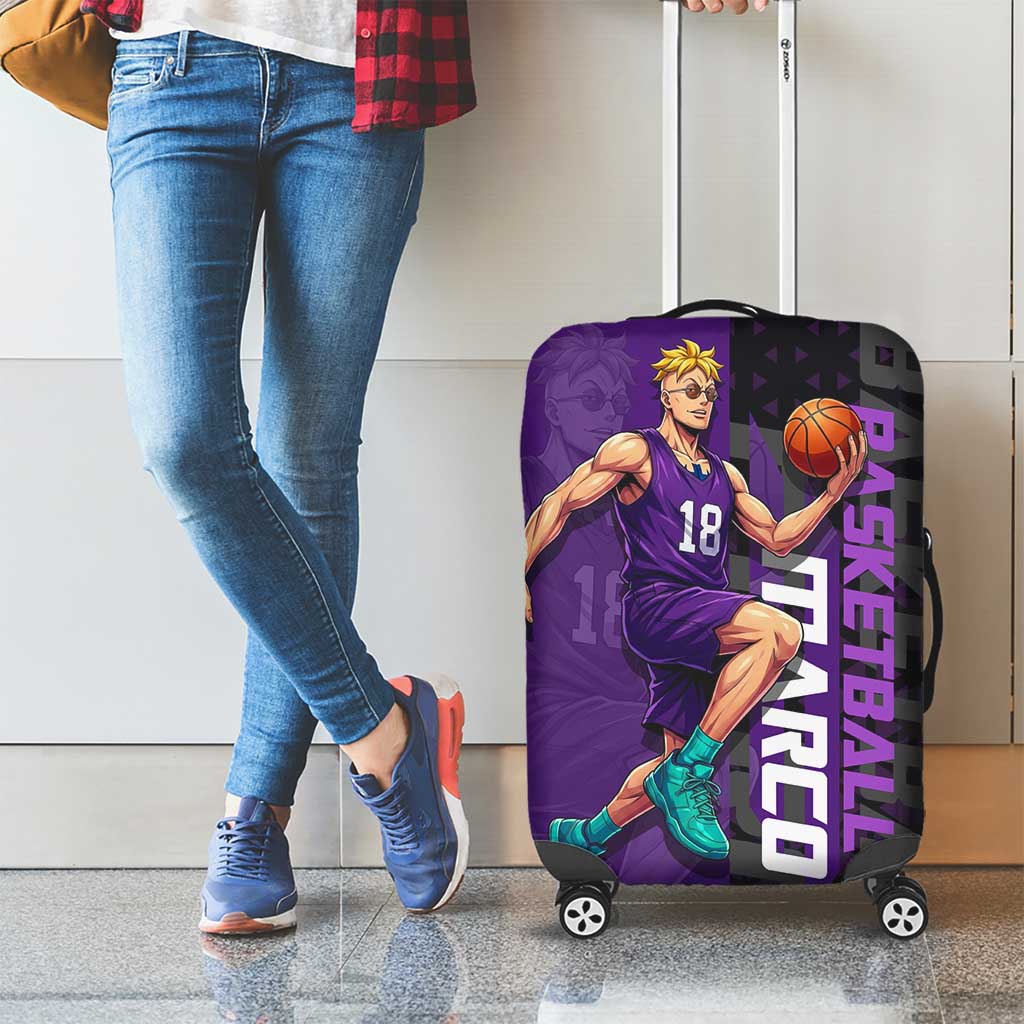Marco One Piece Basketball Theme Purple and Black Design Luggage Cover with Phoenix Emblem and Action Pose - The Mazicc