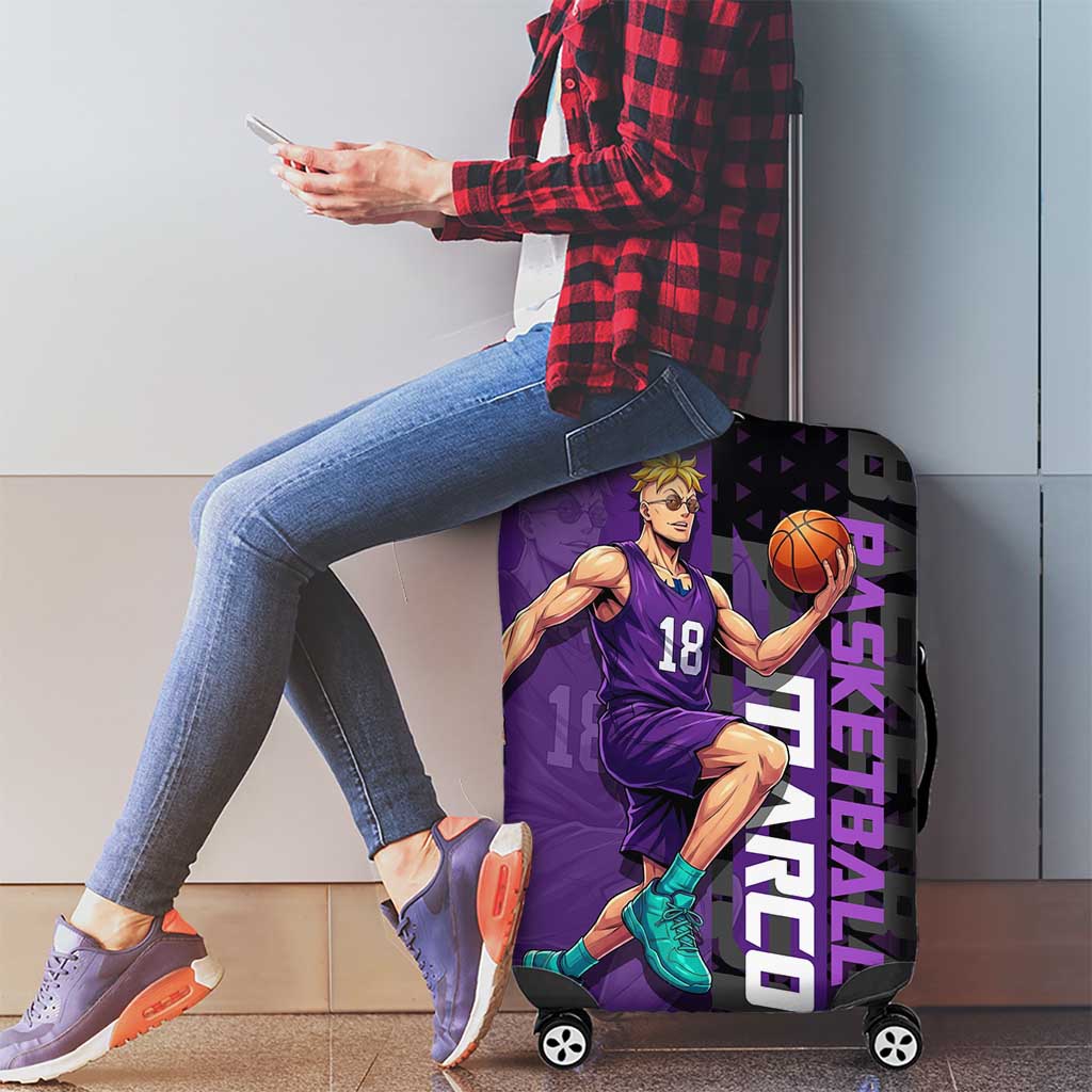 Marco One Piece Basketball Theme Purple and Black Design Luggage Cover with Phoenix Emblem and Action Pose - The Mazicc