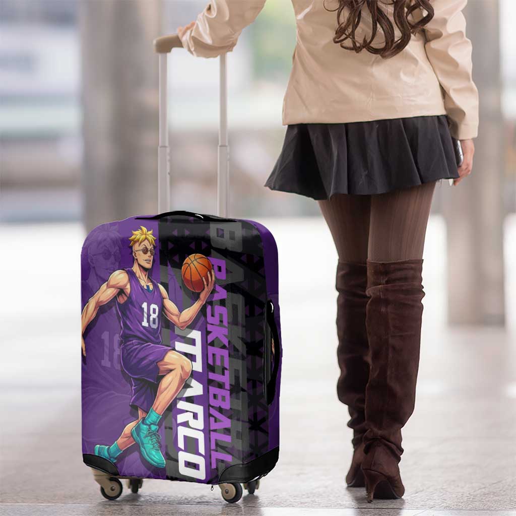 Marco One Piece Basketball Theme Purple and Black Design Luggage Cover with Phoenix Emblem and Action Pose - The Mazicc