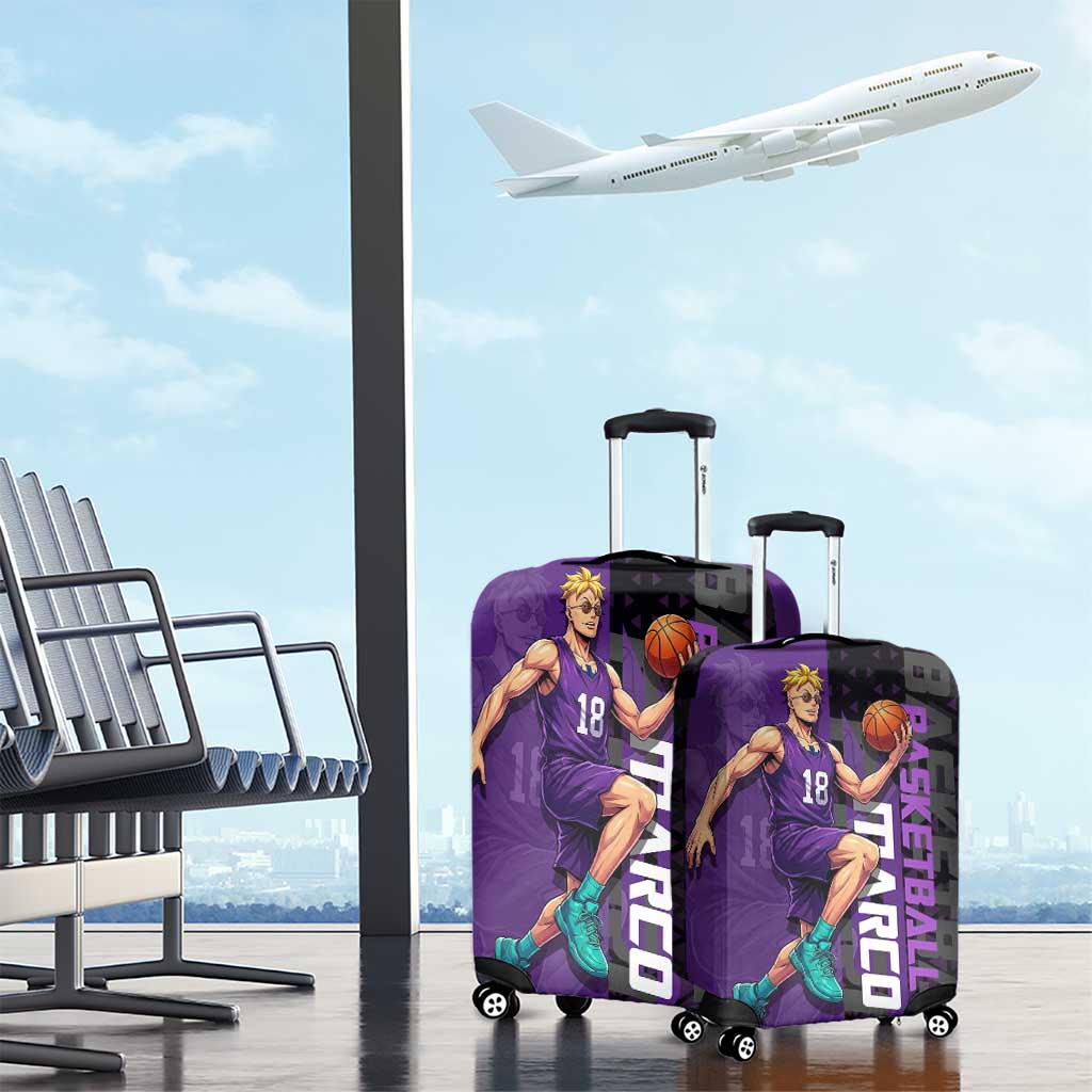 Marco One Piece Basketball Theme Purple and Black Design Luggage Cover with Phoenix Emblem and Action Pose - The Mazicc