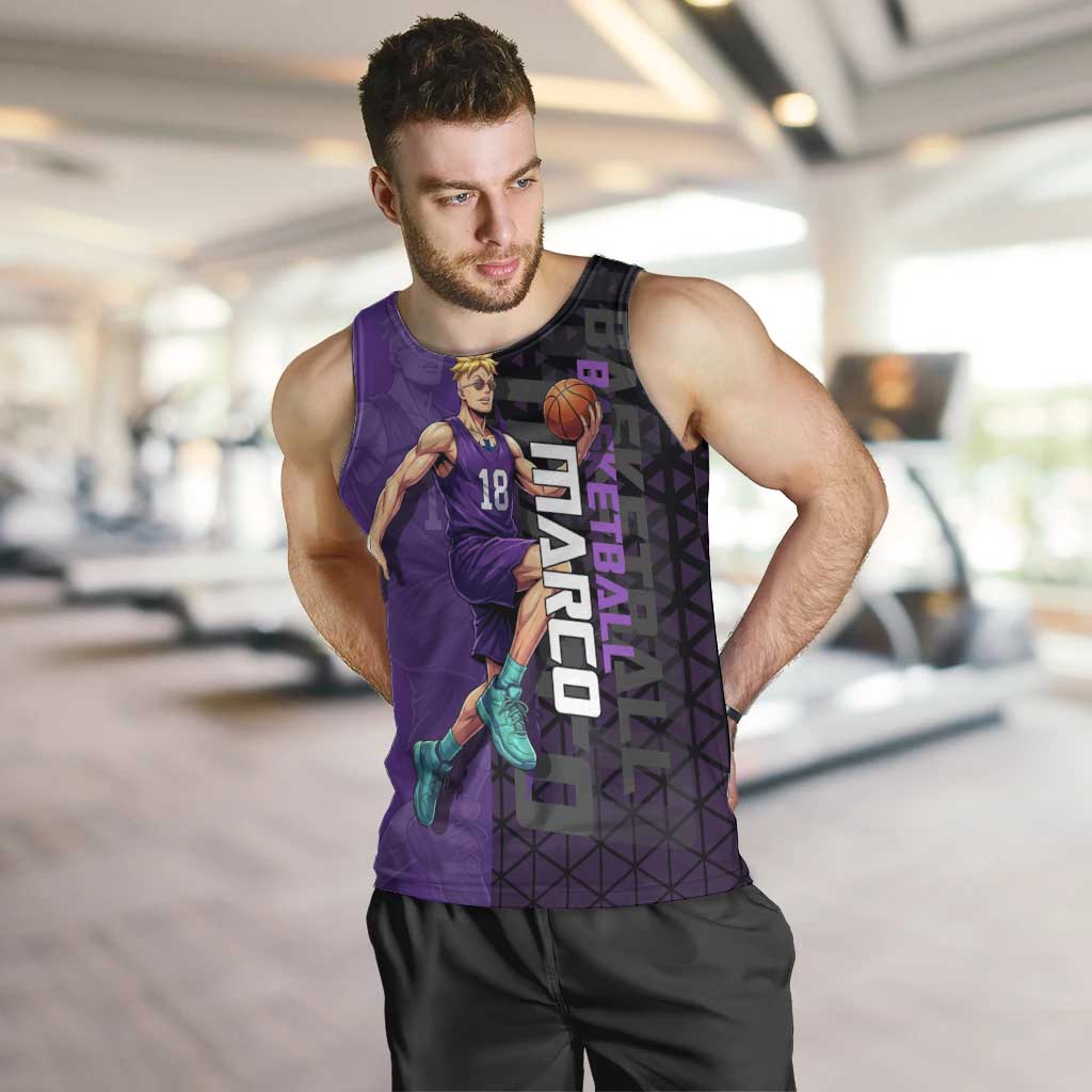 Marco One Piece Basketball Theme Purple and Black Design Men Tank Top with Phoenix Emblem and Action Pose - The Mazicc