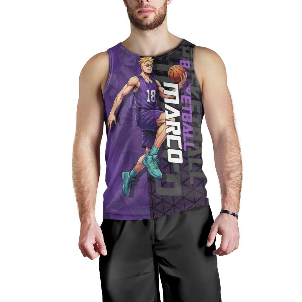 Marco One Piece Basketball Theme Purple and Black Design Men Tank Top with Phoenix Emblem and Action Pose - The Mazicc