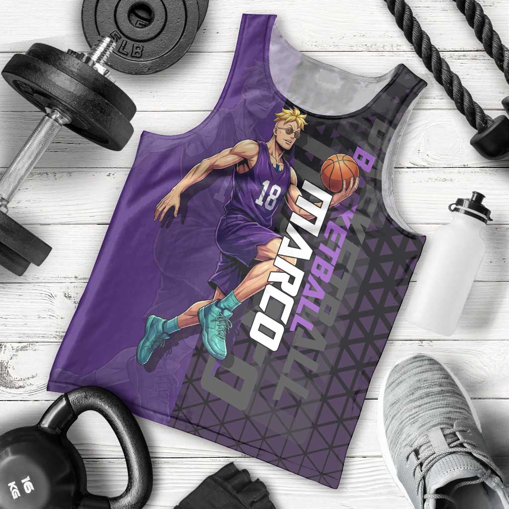 Marco One Piece Basketball Theme Purple and Black Design Men Tank Top with Phoenix Emblem and Action Pose - The Mazicc