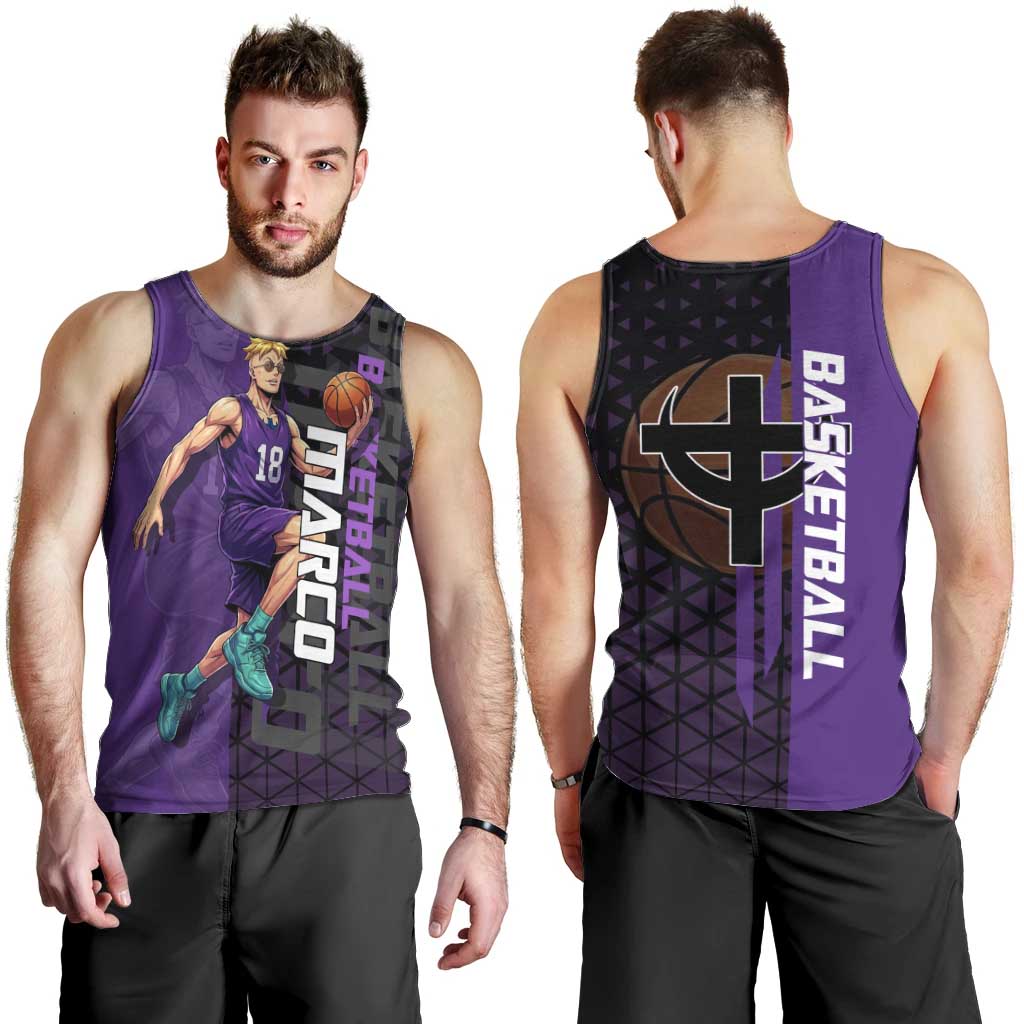 Marco One Piece Basketball Theme Purple and Black Design Men Tank Top with Phoenix Emblem and Action Pose - The Mazicc