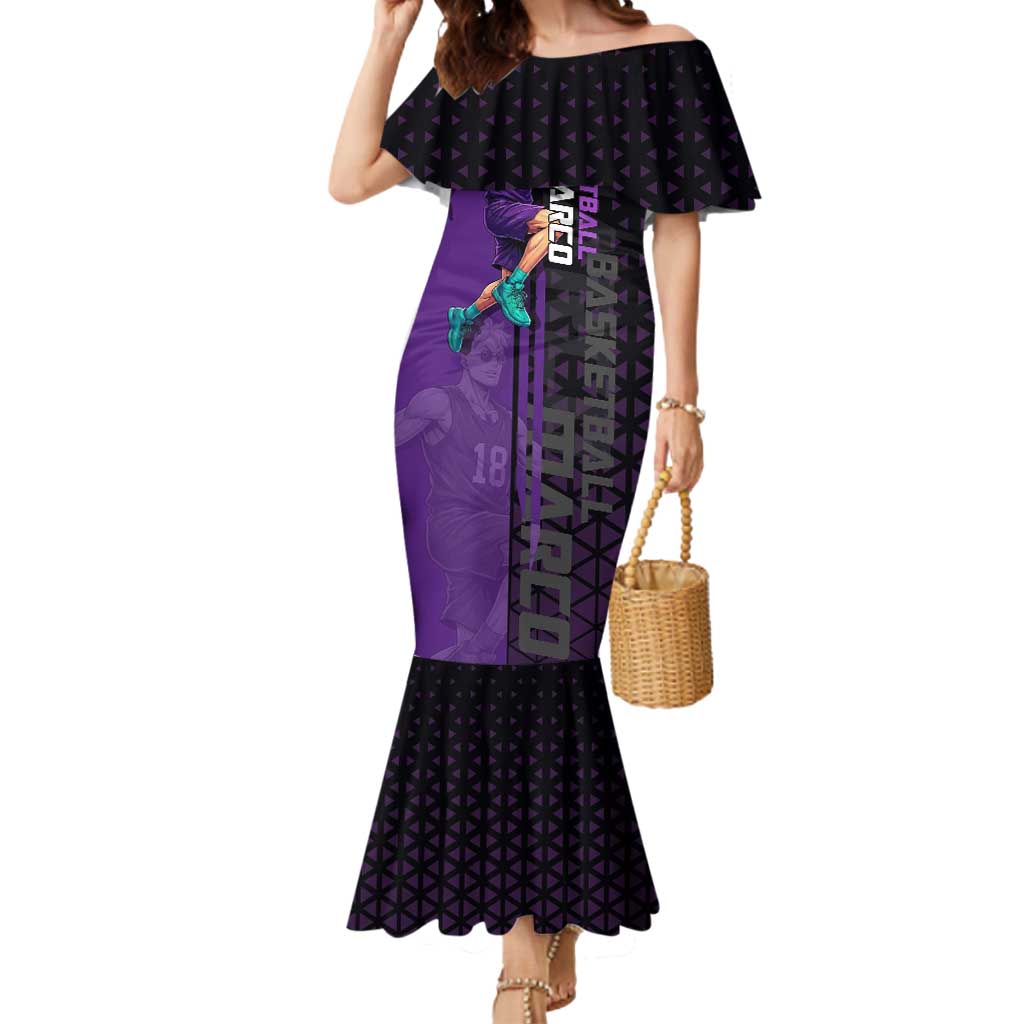 Marco One Piece Basketball Theme Purple and Black Design Mermaid Dress with Phoenix Emblem and Action Pose - The Mazicc