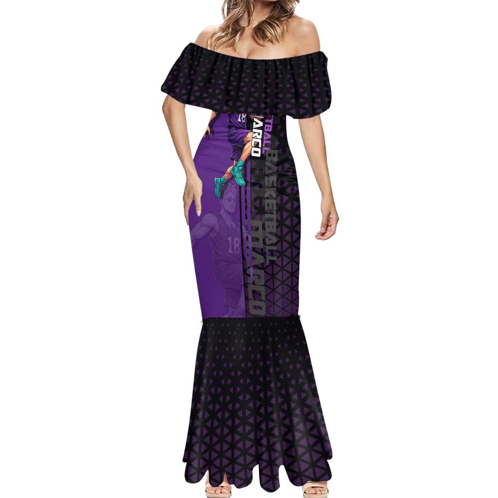 Marco One Piece Basketball Theme Purple and Black Design Mermaid Dress with Phoenix Emblem and Action Pose - The Mazicc