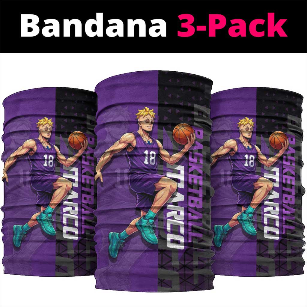 Marco One Piece Basketball Theme Purple and Black Design Neck Gaiter with Phoenix Emblem and Action Pose - The Mazicc