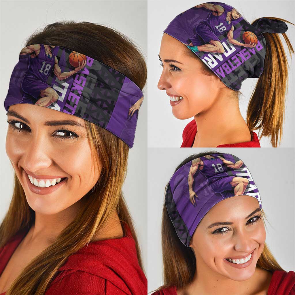 Marco One Piece Basketball Theme Purple and Black Design Neck Gaiter with Phoenix Emblem and Action Pose - The Mazicc