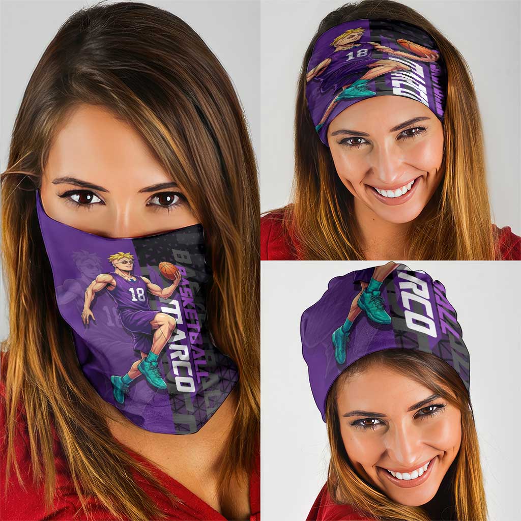Marco One Piece Basketball Theme Purple and Black Design Neck Gaiter with Phoenix Emblem and Action Pose - The Mazicc