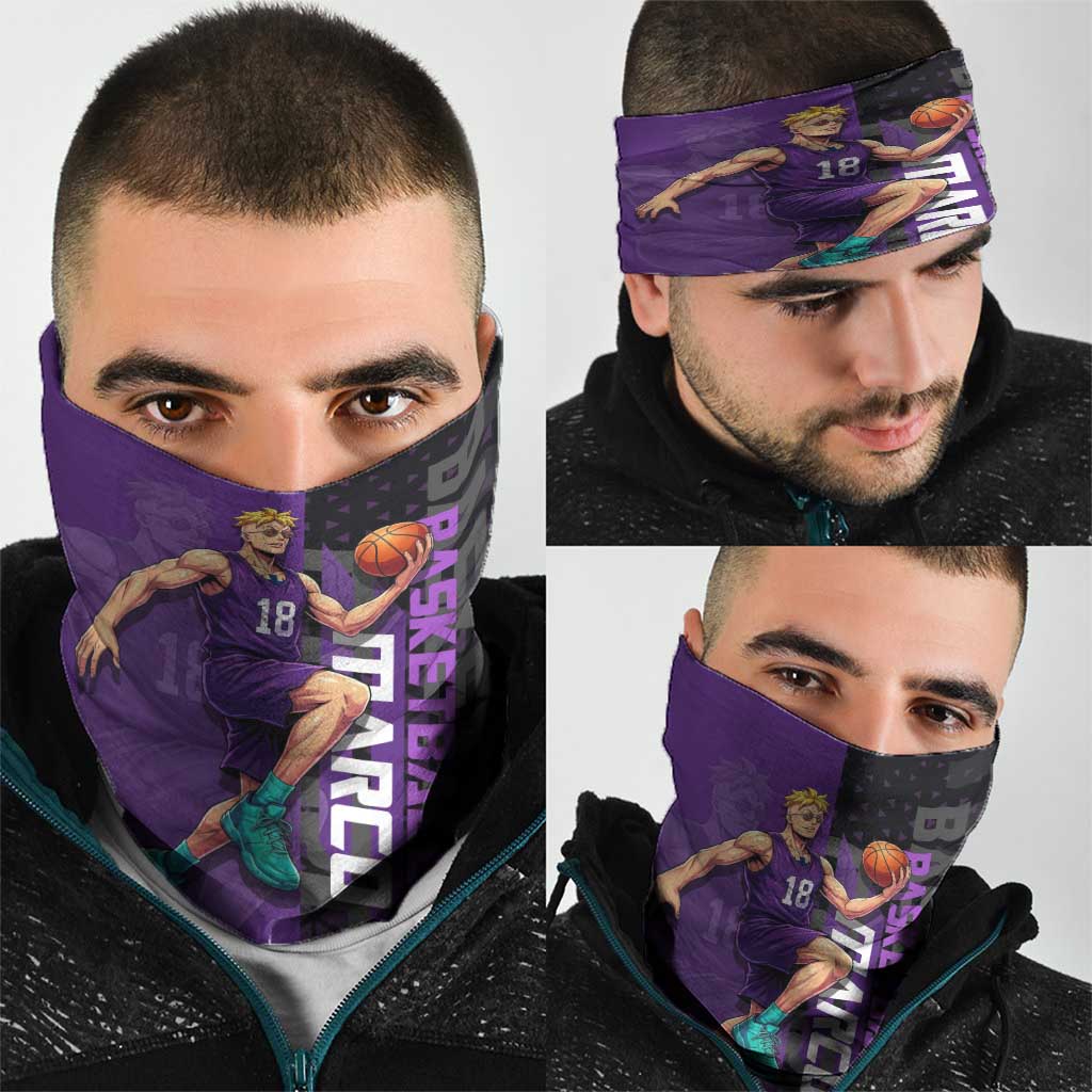 Marco One Piece Basketball Theme Purple and Black Design Neck Gaiter with Phoenix Emblem and Action Pose - The Mazicc
