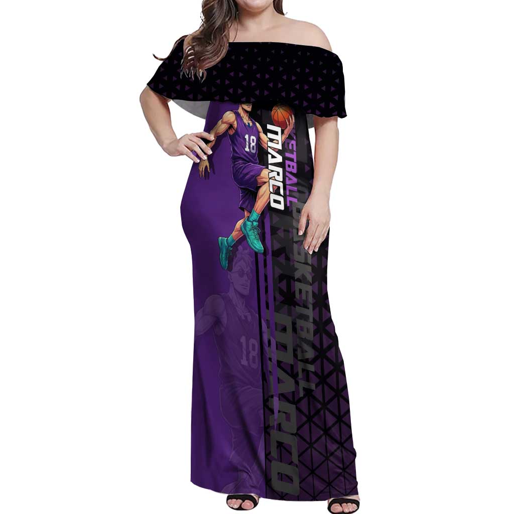 Marco One Piece Basketball Theme Purple and Black Design Off Shoulder Maxi Dress with Phoenix Emblem and Action Pose - The Mazicc