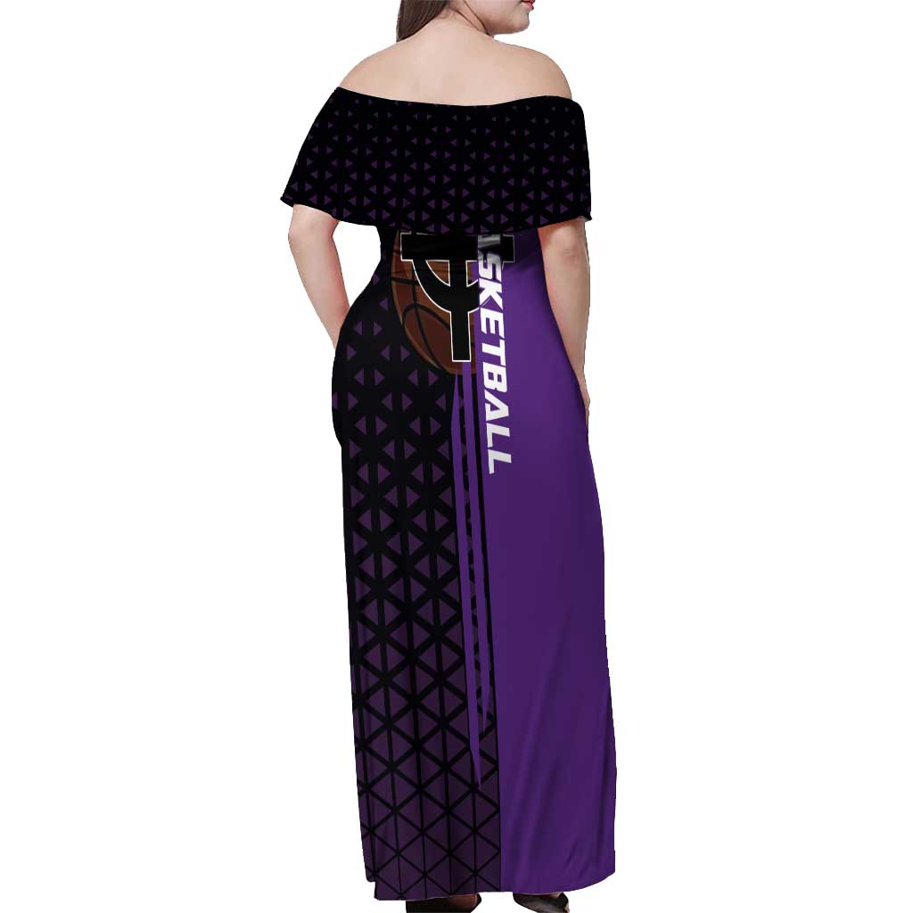Marco One Piece Basketball Theme Purple and Black Design Off Shoulder Maxi Dress with Phoenix Emblem and Action Pose - The Mazicc