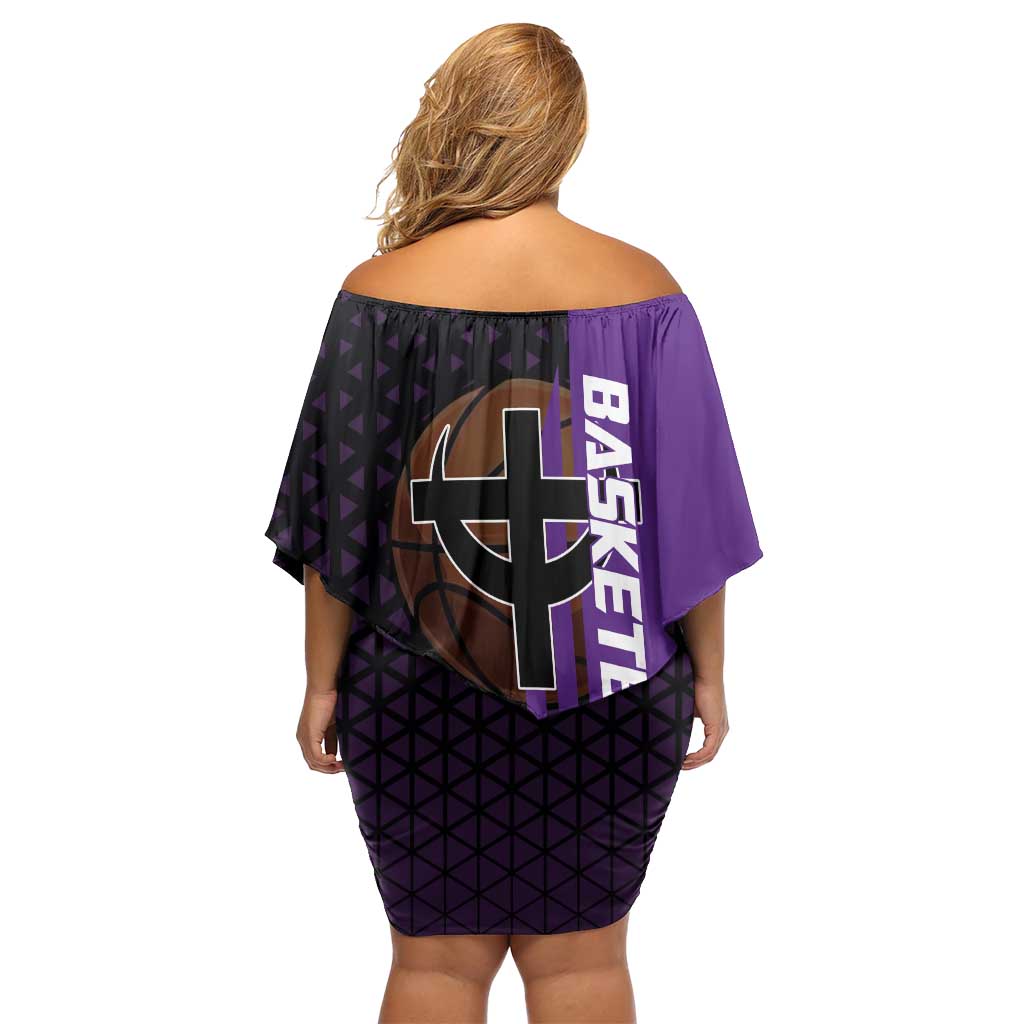 Marco One Piece Basketball Theme Purple and Black Design Off Shoulder Short Dress with Phoenix Emblem and Action Pose - The Mazicc