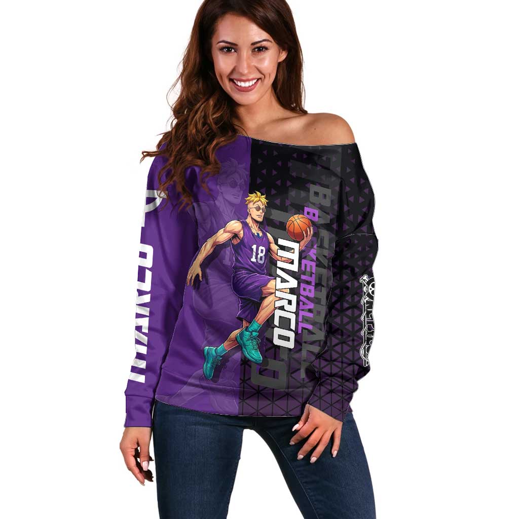 Marco One Piece Basketball Theme Purple and Black Design Off Shoulder Sweater with Phoenix Emblem and Action Pose - The Mazicc