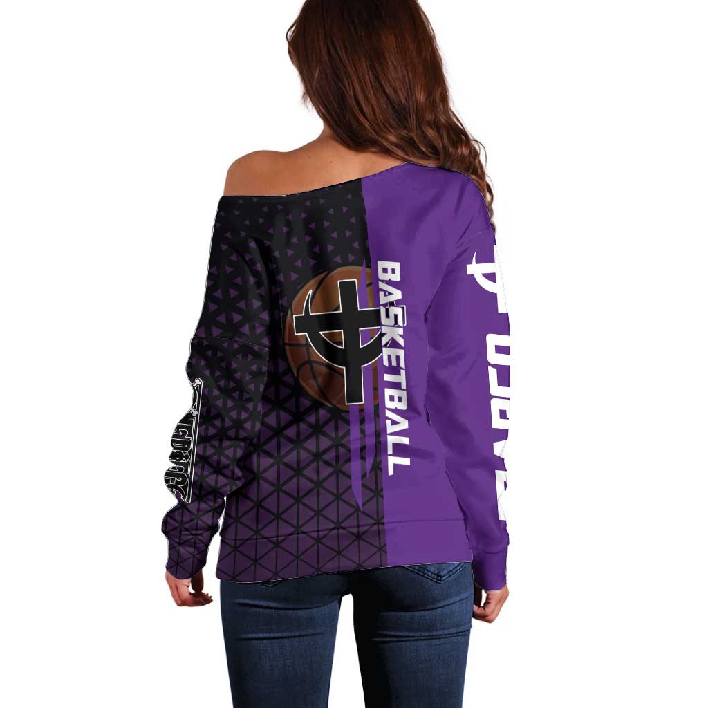 Marco One Piece Basketball Theme Purple and Black Design Off Shoulder Sweater with Phoenix Emblem and Action Pose - The Mazicc