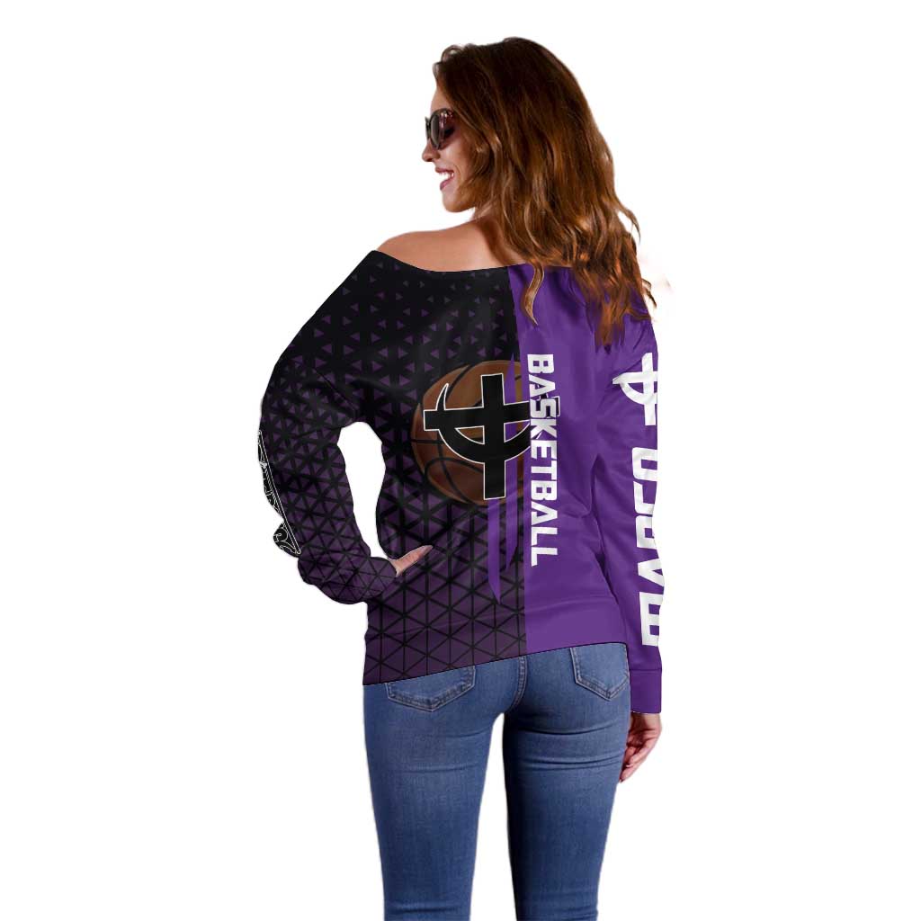 Marco One Piece Basketball Theme Purple and Black Design Off Shoulder Sweater with Phoenix Emblem and Action Pose - The Mazicc
