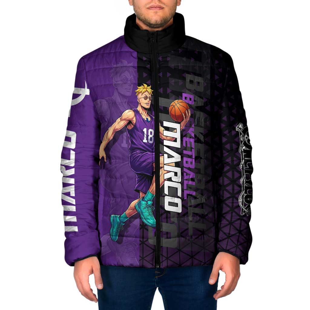 Marco One Piece Basketball Theme Purple and Black Design Padded Jacket with Phoenix Emblem and Action Pose - The Mazicc