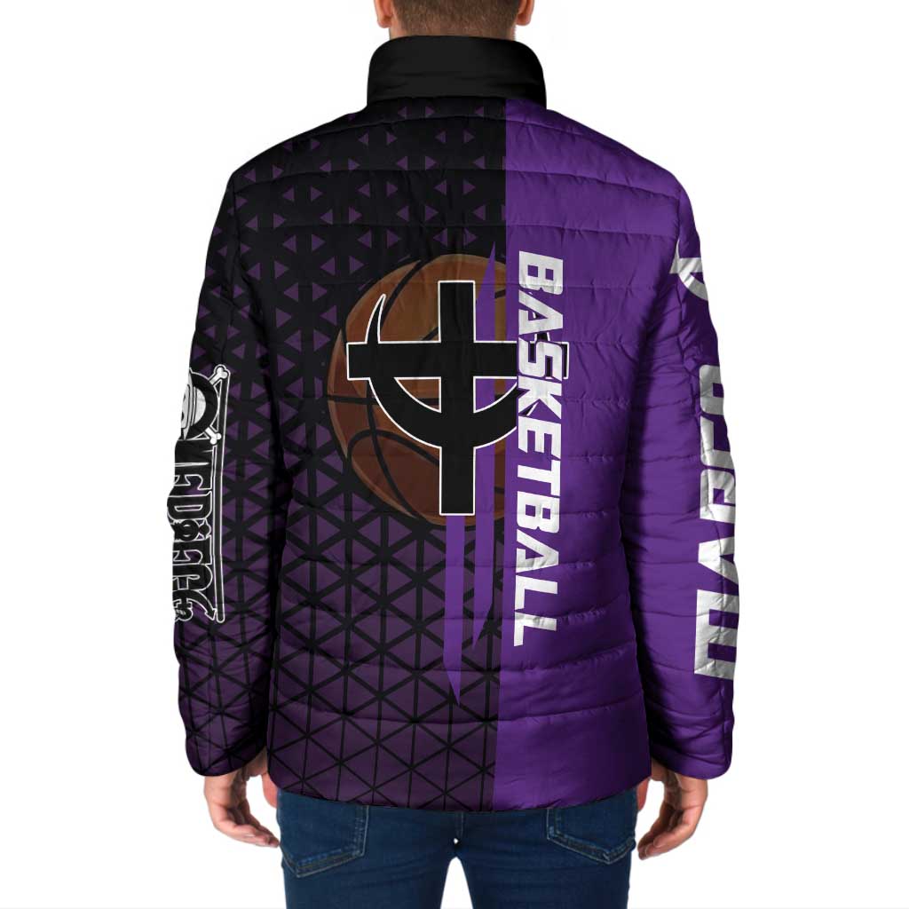 Marco One Piece Basketball Theme Purple and Black Design Padded Jacket with Phoenix Emblem and Action Pose - The Mazicc