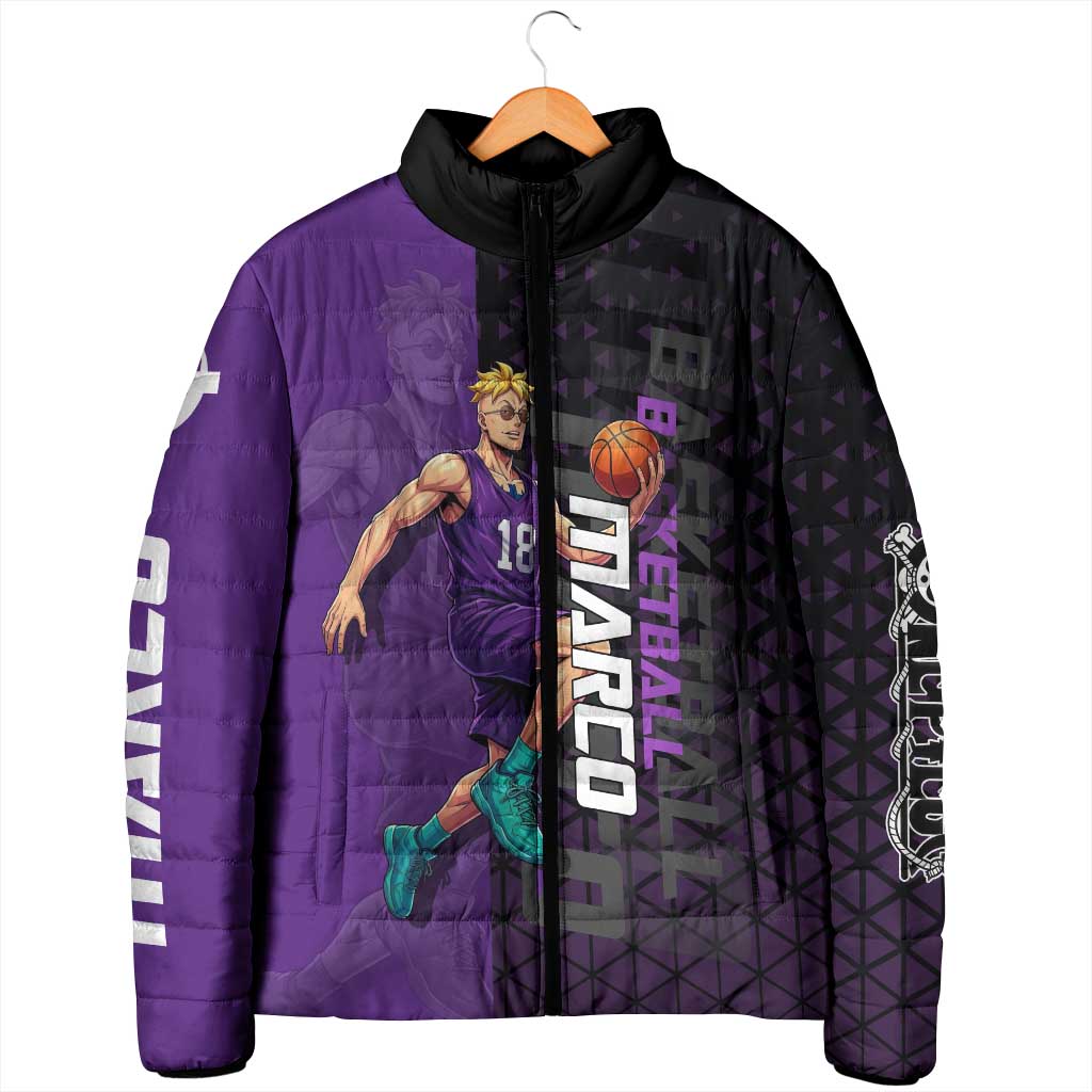 Marco One Piece Basketball Theme Purple and Black Design Padded Jacket with Phoenix Emblem and Action Pose - The Mazicc