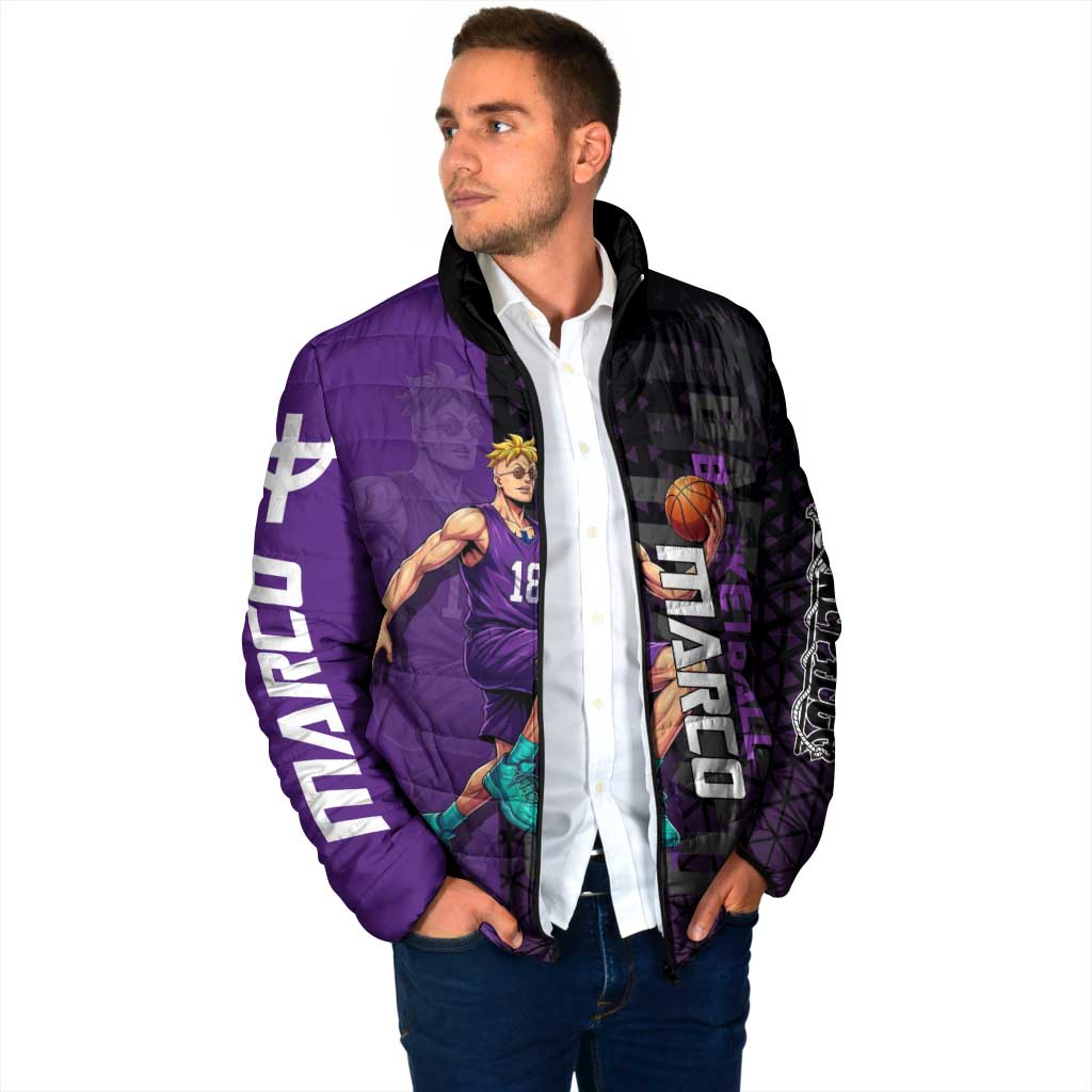 Marco One Piece Basketball Theme Purple and Black Design Padded Jacket with Phoenix Emblem and Action Pose - The Mazicc
