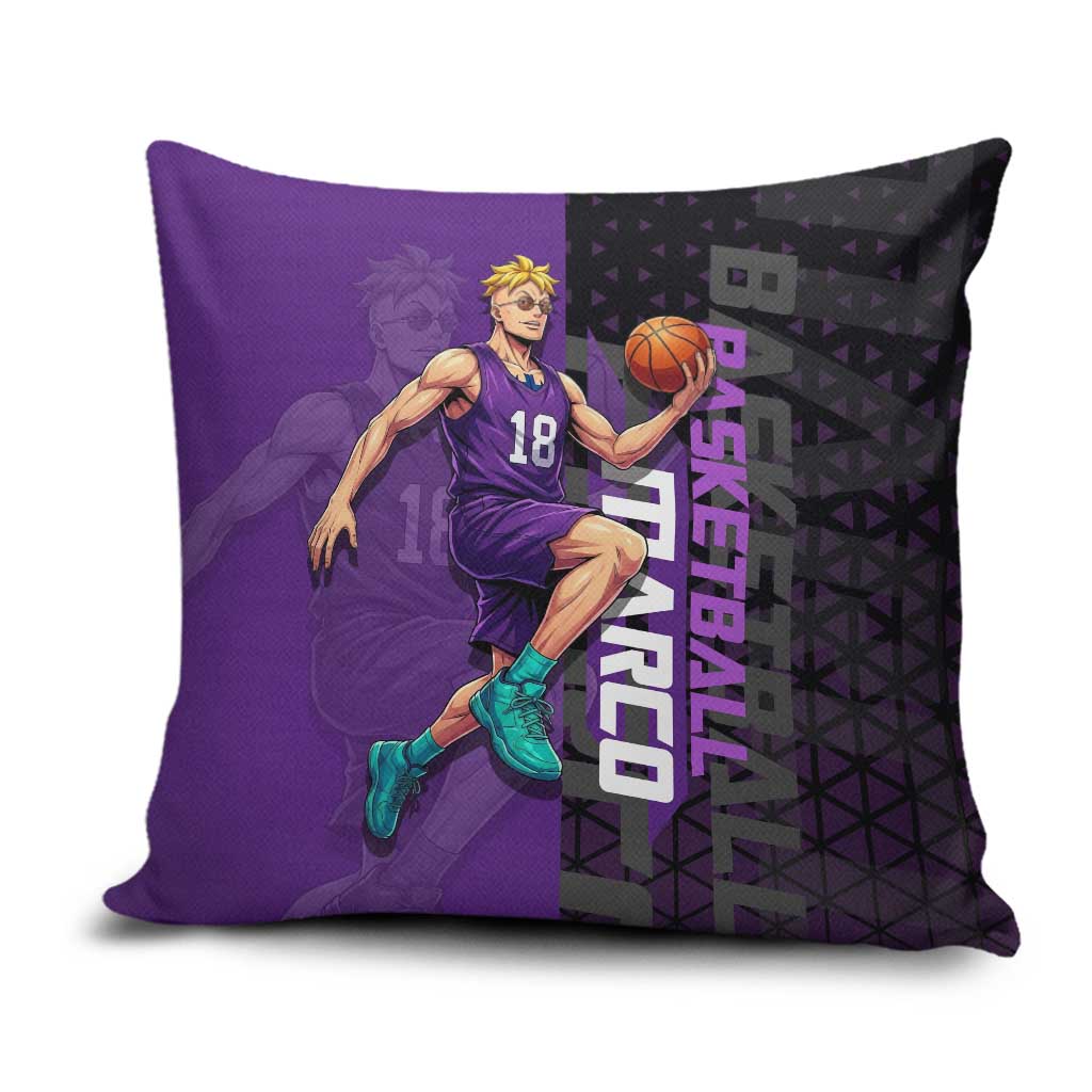 Marco One Piece Basketball Theme Purple and Black Design Pillow Cover with Phoenix Emblem and Action Pose - The Mazicc