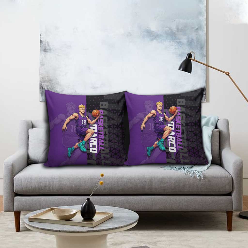 Marco One Piece Basketball Theme Purple and Black Design Pillow Cover with Phoenix Emblem and Action Pose - The Mazicc