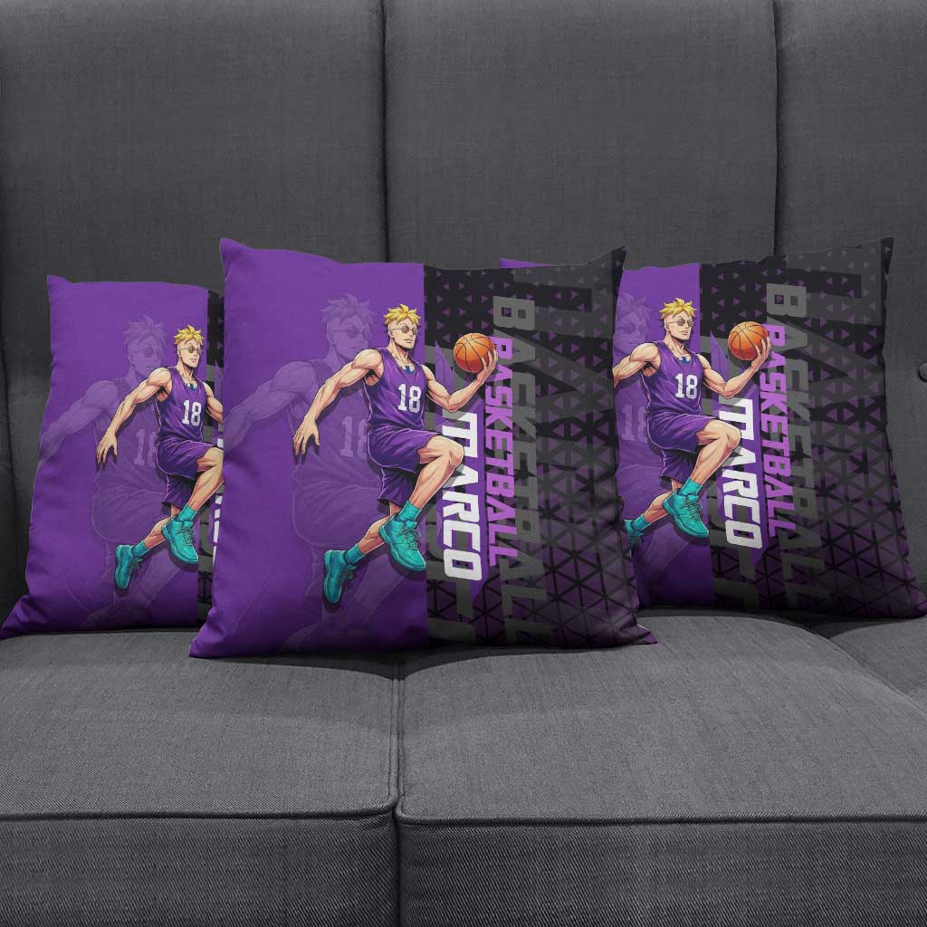 Marco One Piece Basketball Theme Purple and Black Design Pillow Cover with Phoenix Emblem and Action Pose - The Mazicc