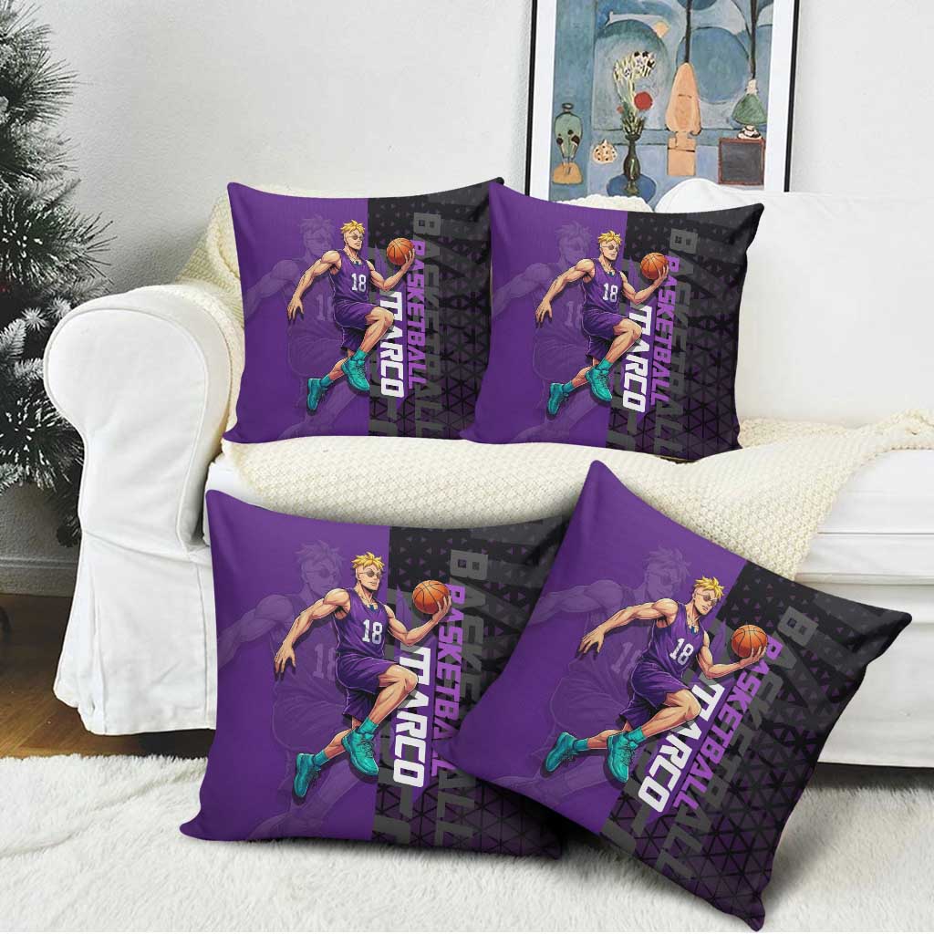 Marco One Piece Basketball Theme Purple and Black Design Pillow Cover with Phoenix Emblem and Action Pose - The Mazicc