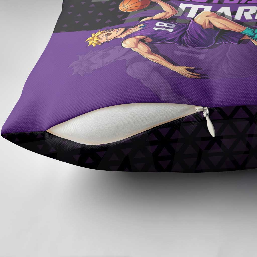 Marco One Piece Basketball Theme Purple and Black Design Pillow Cover with Phoenix Emblem and Action Pose - The Mazicc