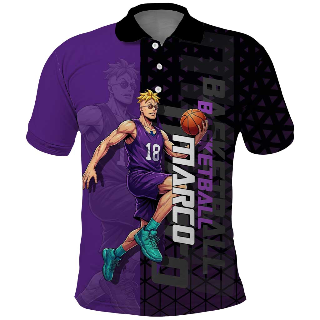 Marco One Piece Basketball Theme Purple and Black Design Polo Shirt with Phoenix Emblem and Action Pose - The Mazicc