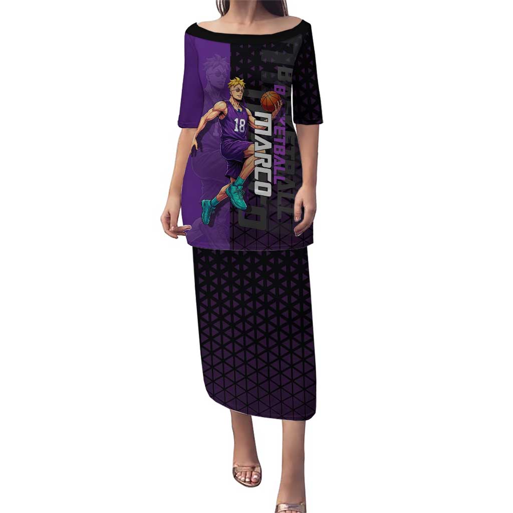Marco One Piece Basketball Theme Purple and Black Design Puletasi with Phoenix Emblem and Action Pose - The Mazicc