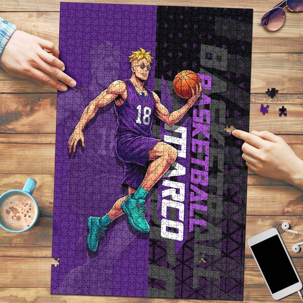 Marco One Piece Basketball Theme Purple and Black Design Puzzle with Phoenix Emblem and Action Pose - The Mazicc
