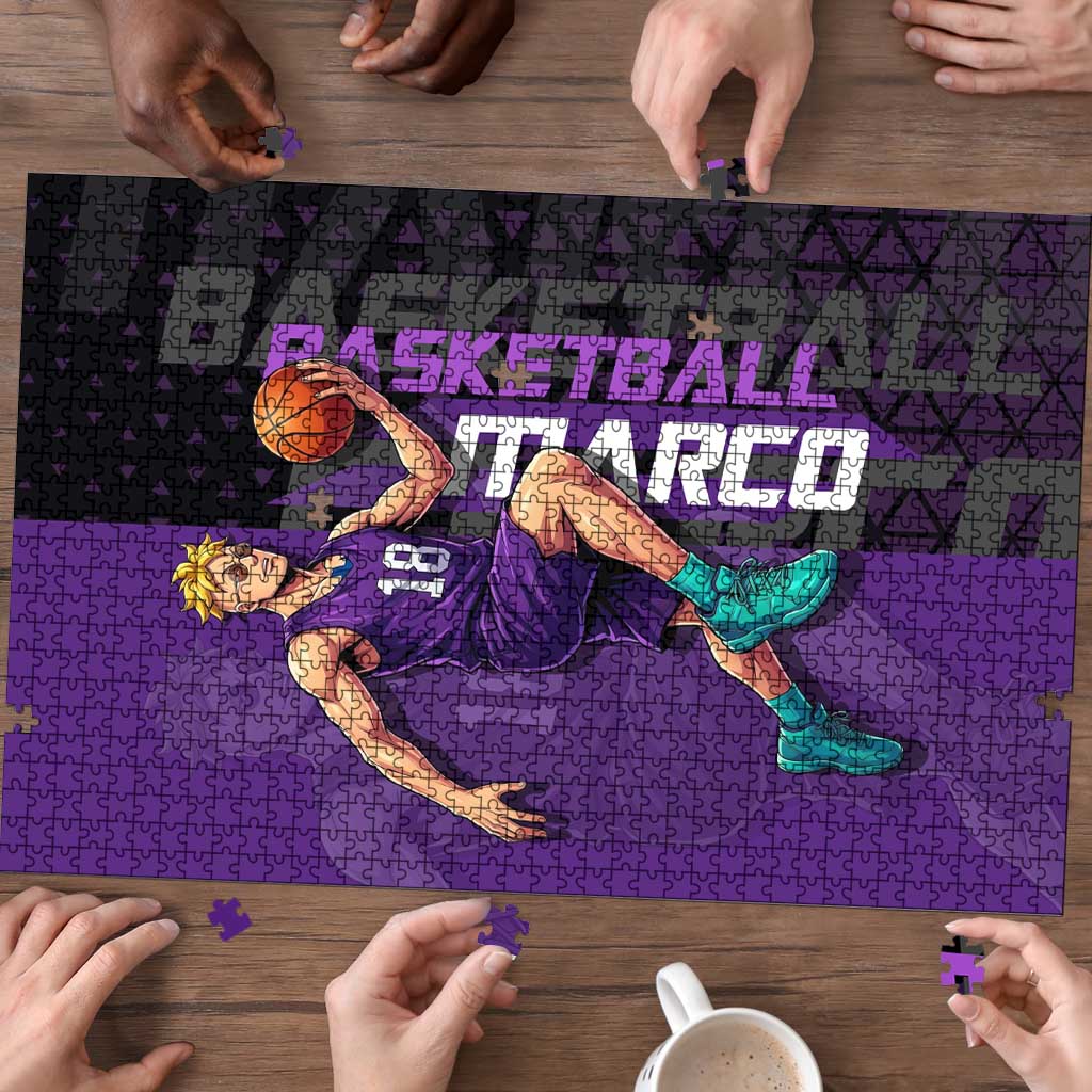 Marco One Piece Basketball Theme Purple and Black Design Puzzle with Phoenix Emblem and Action Pose - The Mazicc