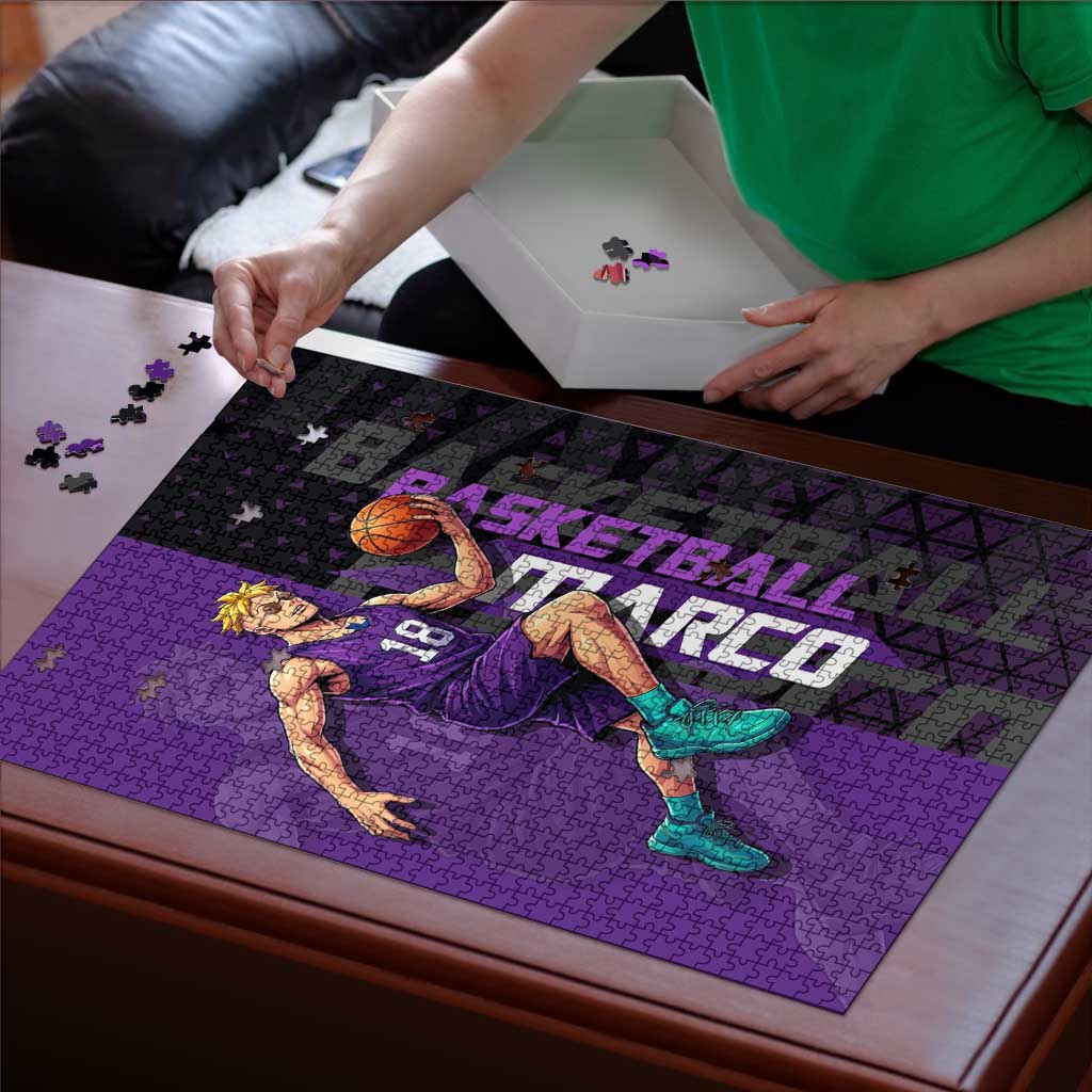 Marco One Piece Basketball Theme Purple and Black Design Puzzle with Phoenix Emblem and Action Pose - The Mazicc